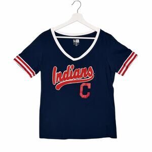New Era MLB Cleveland Indians Womens XL Blue T-Shirt Tee Baseball Patch Spellout